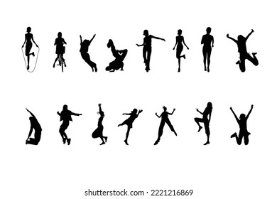 Black silhouettes of men and women in various poses. Vector illustration.