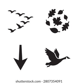 Black silhouettes of migrating geese, ducks, and swan in flight flying