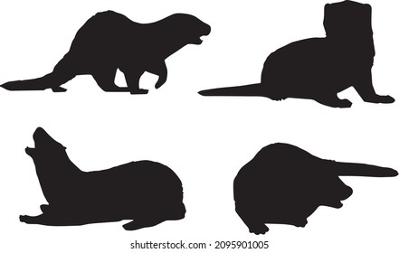 Black silhouettes of mink in different poses on a white background. Lying, going, sitting, scaring. Predatory mammal animals. Vector realistic illustrations