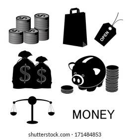 a lot of black silhouettes of money related elements