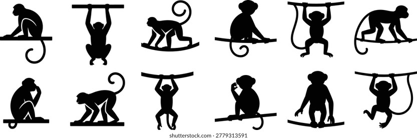Black silhouettes of monkeys in various poses such as hanging and sitting isolated on checkered background representing wildlife jungle nature and animal kingdom concepts.