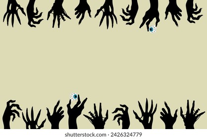 Black silhouettes of monster hands in a frame. Halloween background  for your text. Vector.