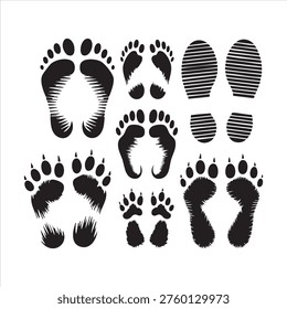 Black silhouettes of monster paws and human footprints. Wild beast tracks and various shoe sole mark collection