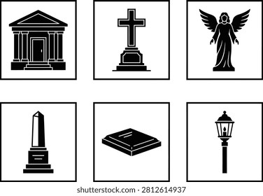 Black silhouettes: monument, cross, angel, temple, book, lamp, tombstone.