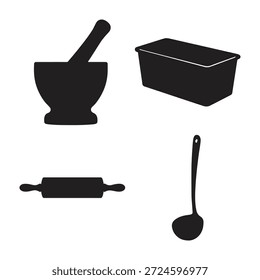 Siluetas negras del cucharón del rodillo del mortero y utensilios de cocina de la cacerola del pan