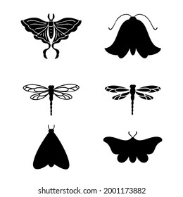 Black silhouettes of moths and dragonflies. Vector illustration in linocut style. 