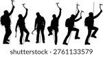Black silhouettes of mountain climbers using ice axes and climbing gear isolated on white background, professional mountaineering vector illustration.