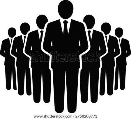 Black silhouettes of multiple businessmen in suits, standing united in a V formation, symbolizing leadership and teamwork.