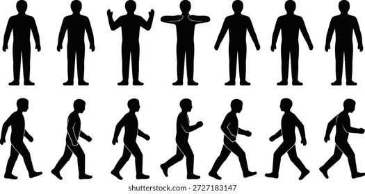Black silhouettes of multiple people showcasing different standing positions and a sequence of walking actions for versatile use.