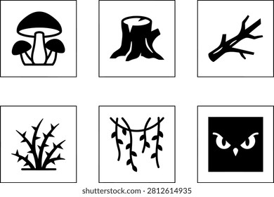 Black silhouettes: mushroom, stump, twig, dead tree, spooky eye.
