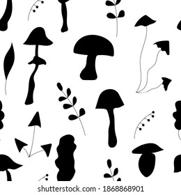 Black silhouettes of mushrooms. Seamless vector pattern.