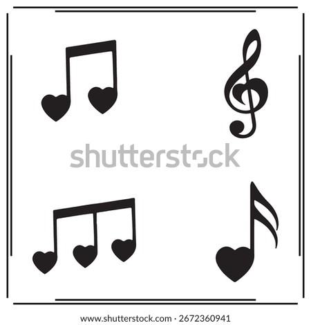 Black Silhouettes of Musical Notes with Heart Shapes - Love and Music Icons, Romantic Melody Symbols, Music Design, Heart-Shaped Note Illustrations