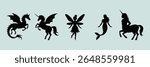 Black Silhouettes of Mythical Creatures Unicorn Pegasus Mermaid Centaur Fairy vector