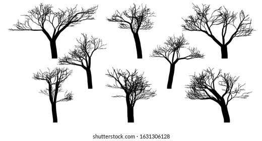 Black silhouettes of naked vector trees. Set isolated on a white background. Vector illustration