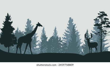 Black silhouettes of north forest. Deer and trees black and white