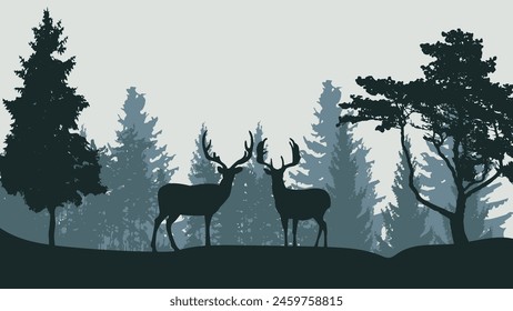 Black silhouettes of north forest. Deer and trees black and white