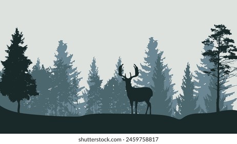 Black silhouettes of north forest. Deer and trees black and white