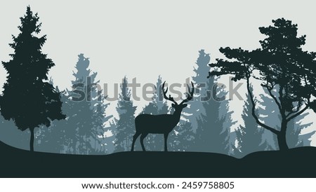 Black silhouettes of north forest. Deer and trees black and white