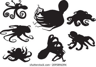 Black silhouettes of octopus in different poses isolated on white background. Eight-limbed mollusc. Vector realistic illustrations