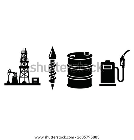 Black silhouettes of an oil rig, drill bit, oil barrel, and gas pump, representing the petroleum industry.