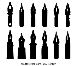 Black silhouettes of old ink pen nibs, vector