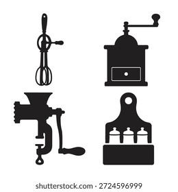 Black silhouettes of old kitchen gadgets white
