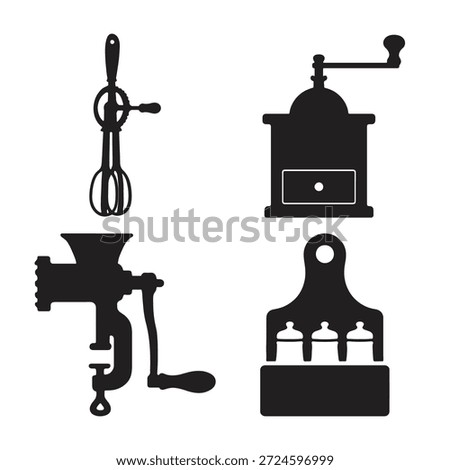Black silhouettes of old kitchen gadgets white