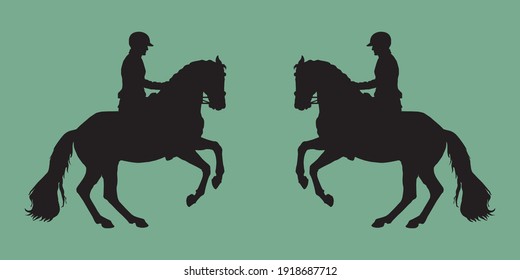 black silhouettes on a green background, dressage, two riders facing each other. black isolated silhouette 