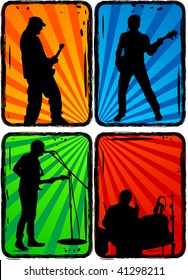 Black silhouettes on a multi-coloured background