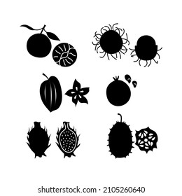 Black silhouettes on a white background, various exotis fruits. Vector illustration.