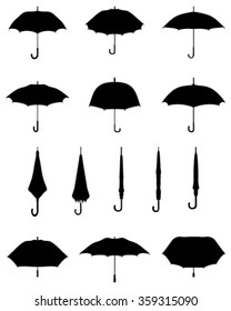 Black silhouettes of open and closed umbrellas, vector