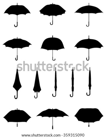 Black silhouettes of open and closed umbrellas, vector