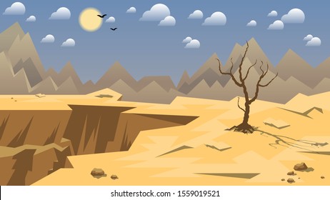 black silhouettes of a pair of birds flying in the sky with the sun and clouds against the backdrop of the mountains above a lone withered tree among the stones on the edge of the abyss. natural mount