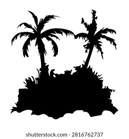 Black silhouettes of palm trees and island foliage against a white background, emphasizing tropical scenery and island nature.