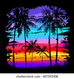 black silhouettes of palm trees on a background of multicolored tropical sunset