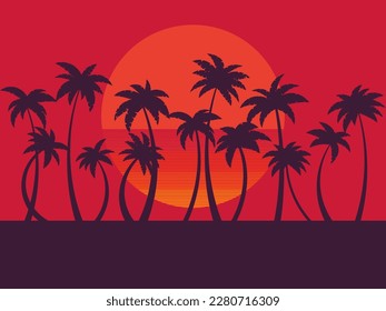 Black silhouettes of palm trees at sunset. Tropical landscape with palm trees and retro sun in 80s style. Design for posters, banners and printing of promotional products. Vector illustration