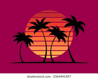 Black silhouettes of palm trees at sunset. Tropical landscape with palm trees and retro sun in 80s style. Design for posters, banners and printing of promotional products. Vector illustration