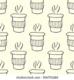 Black silhouettes of paper coffee cups on white background. Seamless pattern. Vector illustration.