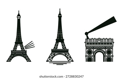 Schwarze Silhouetten der Pariser Wahrzeichen Eiffelturm und Arc de Triomphe