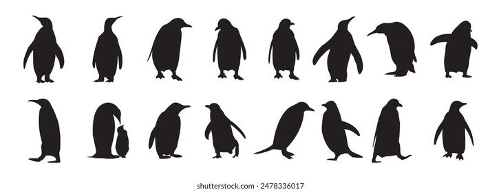 Black silhouettes of penguins set on a white background, silhouette penguin different pose walking and skating,