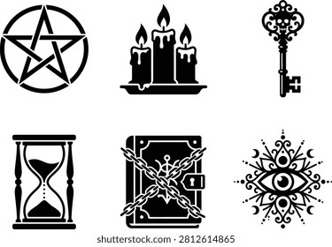 Black silhouettes: pentacle, candles, skeleton key, hourglass, all seeing eye, spell book.