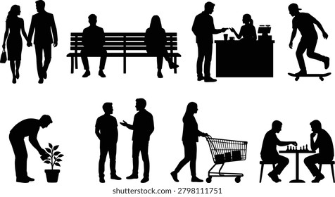 Black silhouettes of people doing everyday activities including walking shopping skateboarding playing chess and sitting on a bench.