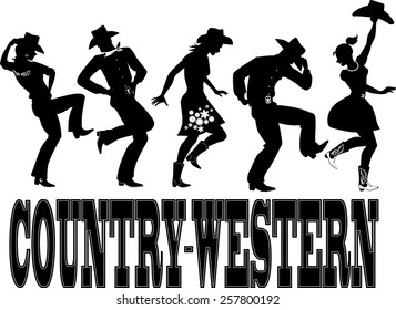Black Silhouettes Of People Dressed In Western Style Close, Dancing Country Line Dance, Vector Illustration, No White, EPS 8
