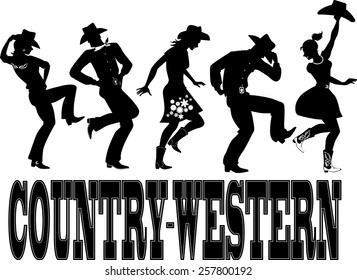 Black silhouettes of people dressed in western style close, dancing country line dance, vector illustration, no white, EPS 8