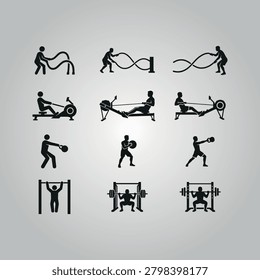 Black silhouettes of people exercising with various gym equipment