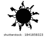 Black silhouettes of people with luggage around circle (planet). Tourists walking on circle. Vector illustration.