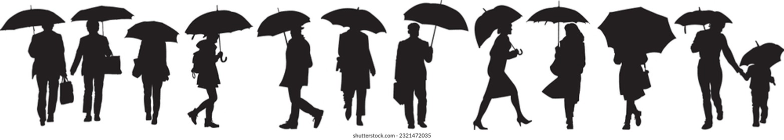 Black silhouettes of people, man and woman under umbrella. Vector illustrations.