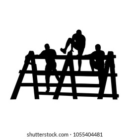 Black silhouettes of a people overcoming the obstacle. Obstacle race symbol. Vector illustration.