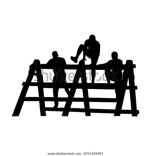 Black silhouettes of a\
people overcoming the obstacle. Obstacle race symbol. Vector\
illustration.