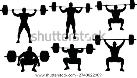 Black silhouettes of people performing different weightlifting exercises with a barbell